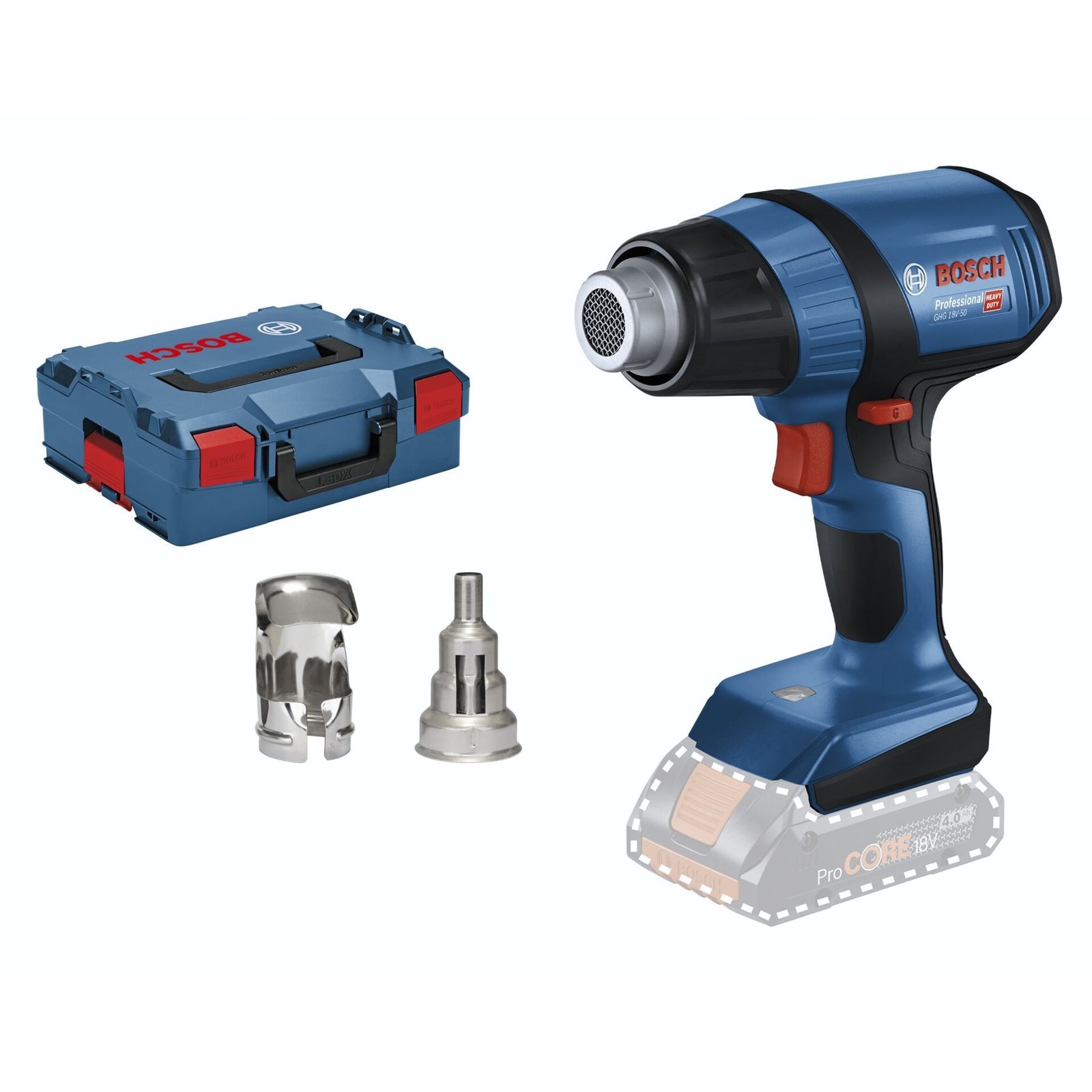 Bosch Professional 18V System GHG 18V-50 Cordless Heat Gun (includes charger but not batteries). Reflector Nozzle, 32 x 33 mm, Reduction Nozzle, 9 mm, in L-BOXX 136)
