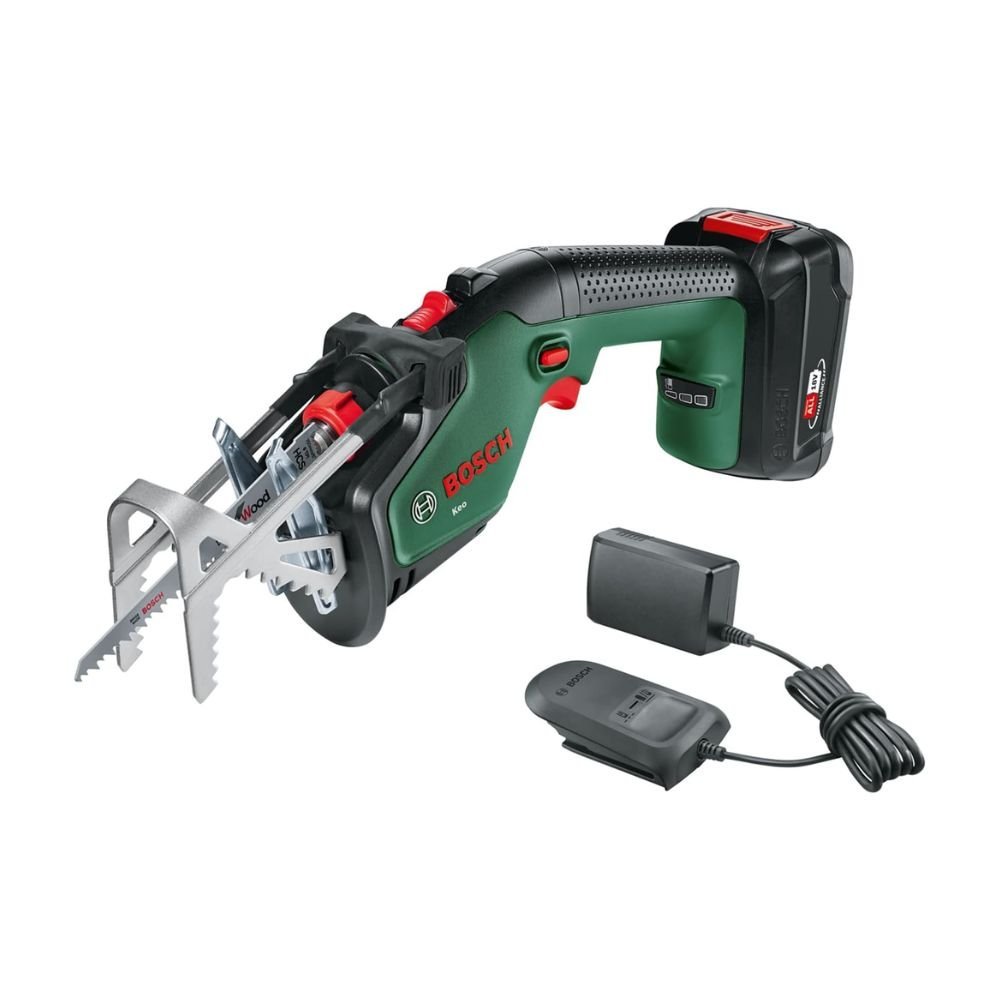 Bosch Home and Garden Cordless Garden Saw Keo - 1 Battery 2.0 Ah, 18 Volt System, Cutting Diameter 80 mm, with Swiss Precision Blade Wood Included, in Carton Packaging