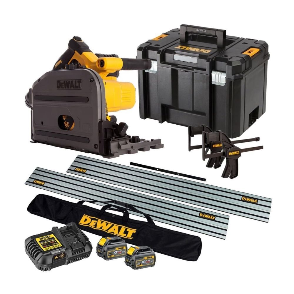 Dewalt DCS520T2 54V Flexvolt 165mm Plunge Saw with 2 x 6.0Ah Battery, Charger & Case + 2 x Guide Rail in Bag & 2 x Clamp