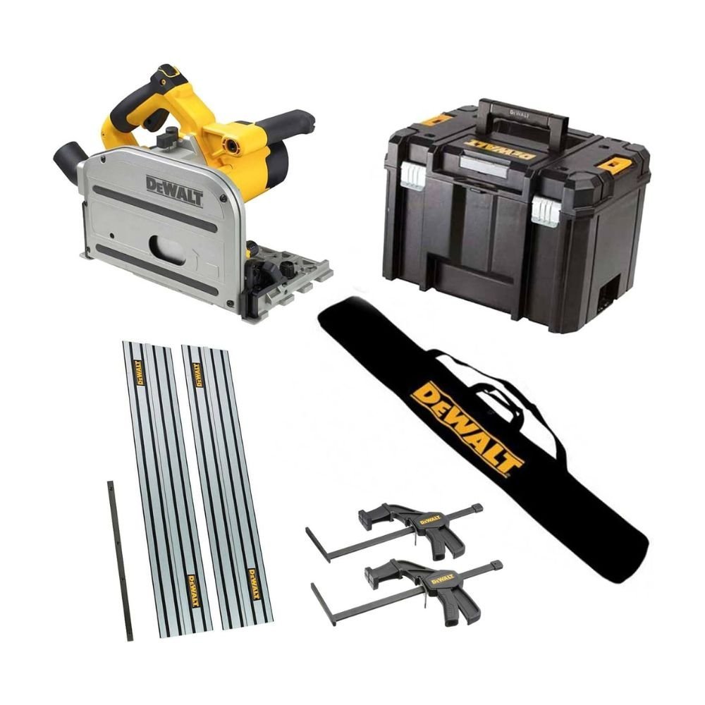 Dewalt DWS520KT 240V Plunge Saw with 2 x 1.5m Guide Rails Connector Clamps & Bag - Perfect for Precise Cuts and Easy Door Fitting